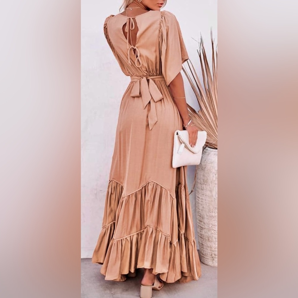 Apricot Maxi Dress with pockets and deep V neck: pull on, tie back, tiered skirt